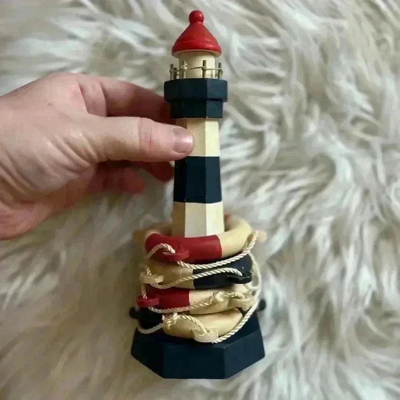 Vintage Wooden Lighthouse with Nautical Lifebuoy Rings – Coastal Decor - Picture 1 of 6